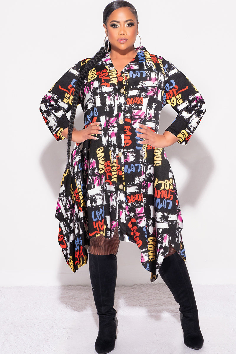 Final Sale Plus Size Hi-Low Shirt Dress in Multi Color Love Print