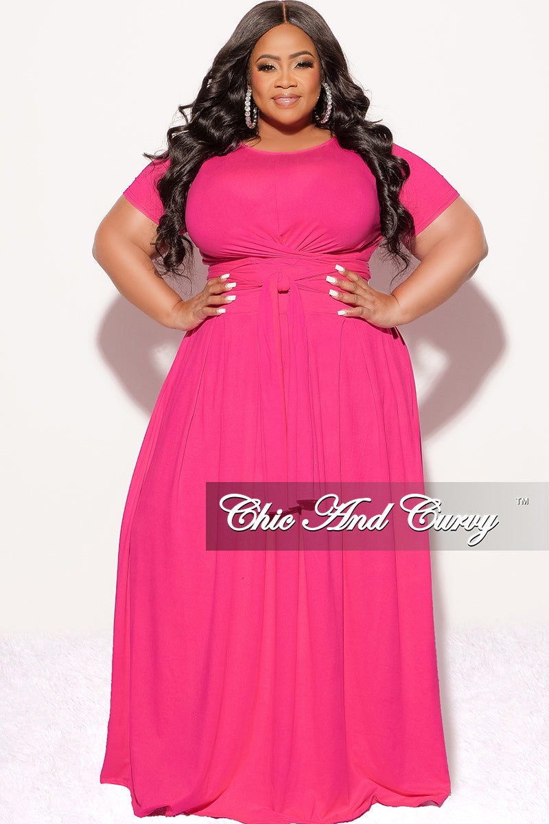 Final Sale Plus Size 2pc Short Sleeve Tie Top and Skirt Set in Fuchsia Pink