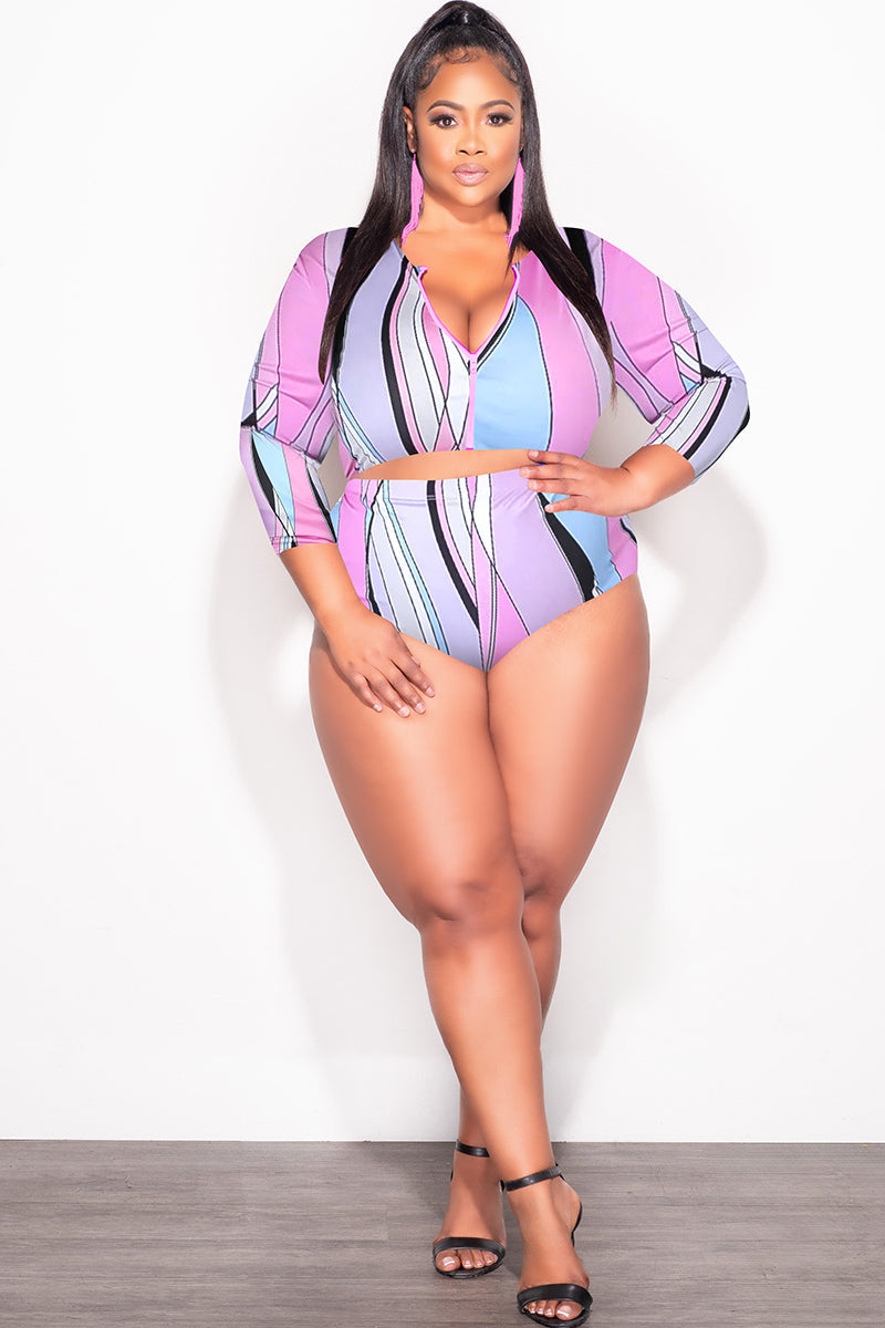 Final Sale Plus Size 2Pc Poolside Playsuit Set in Pink & Blue Print