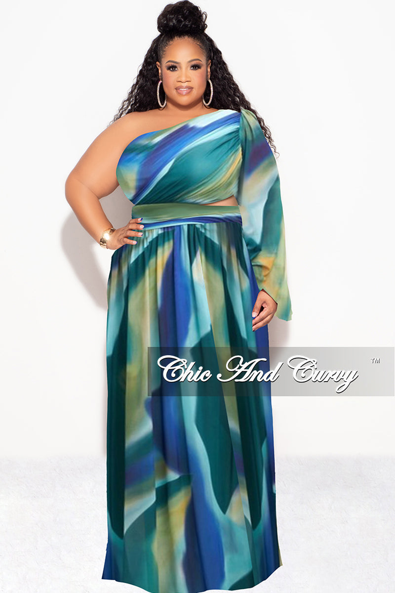 Final Sale Plus Size One Shoulder Sheer Mesh Dress with Cutout and Front Slit in Blue Multi Color