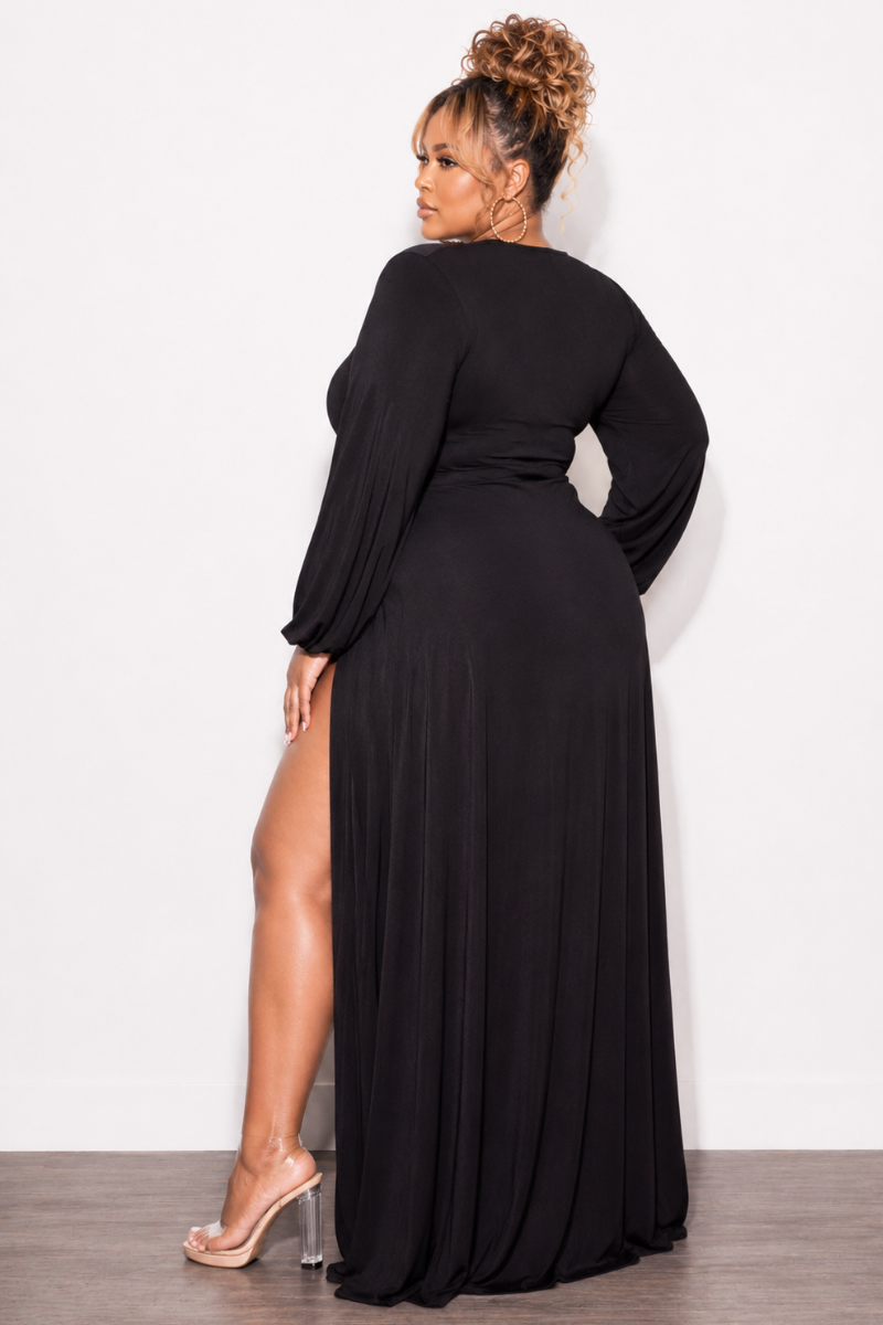 Final Sale Plus Size Ruched Maxi Dress with Double Slits in Black