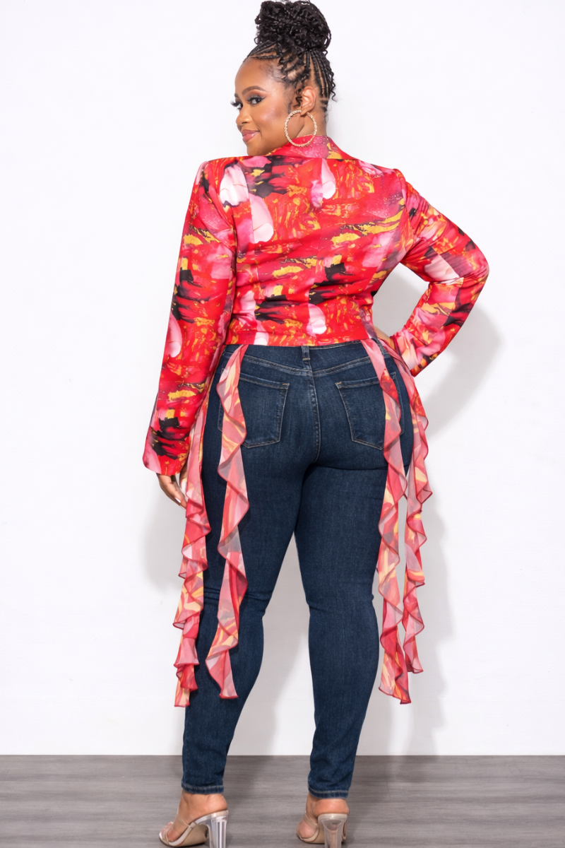 Final Sale Plus Size Ruffle Fringe Detail Long Sleeve V-Neck Cropped Blazer