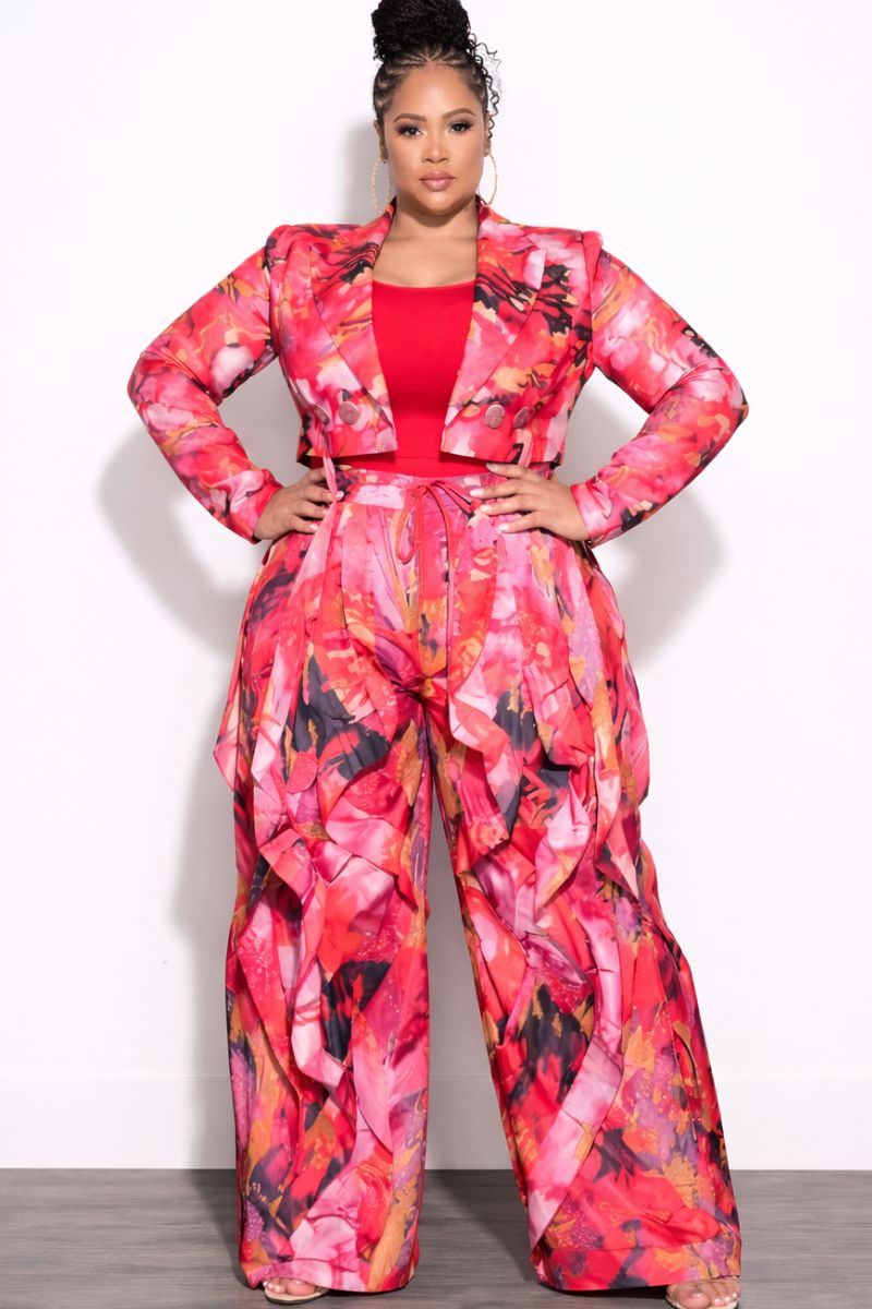 Final Sale Plus Size Ruffle Fringe Detail Long Sleeve V-Neck Cropped Blazer
