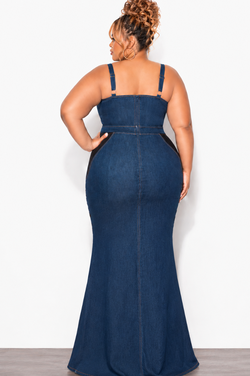 Final Sale Plus Size 2pc Spaghetti Strap Crop Top and Sheer Maxi Skirt Set in Denim and Black