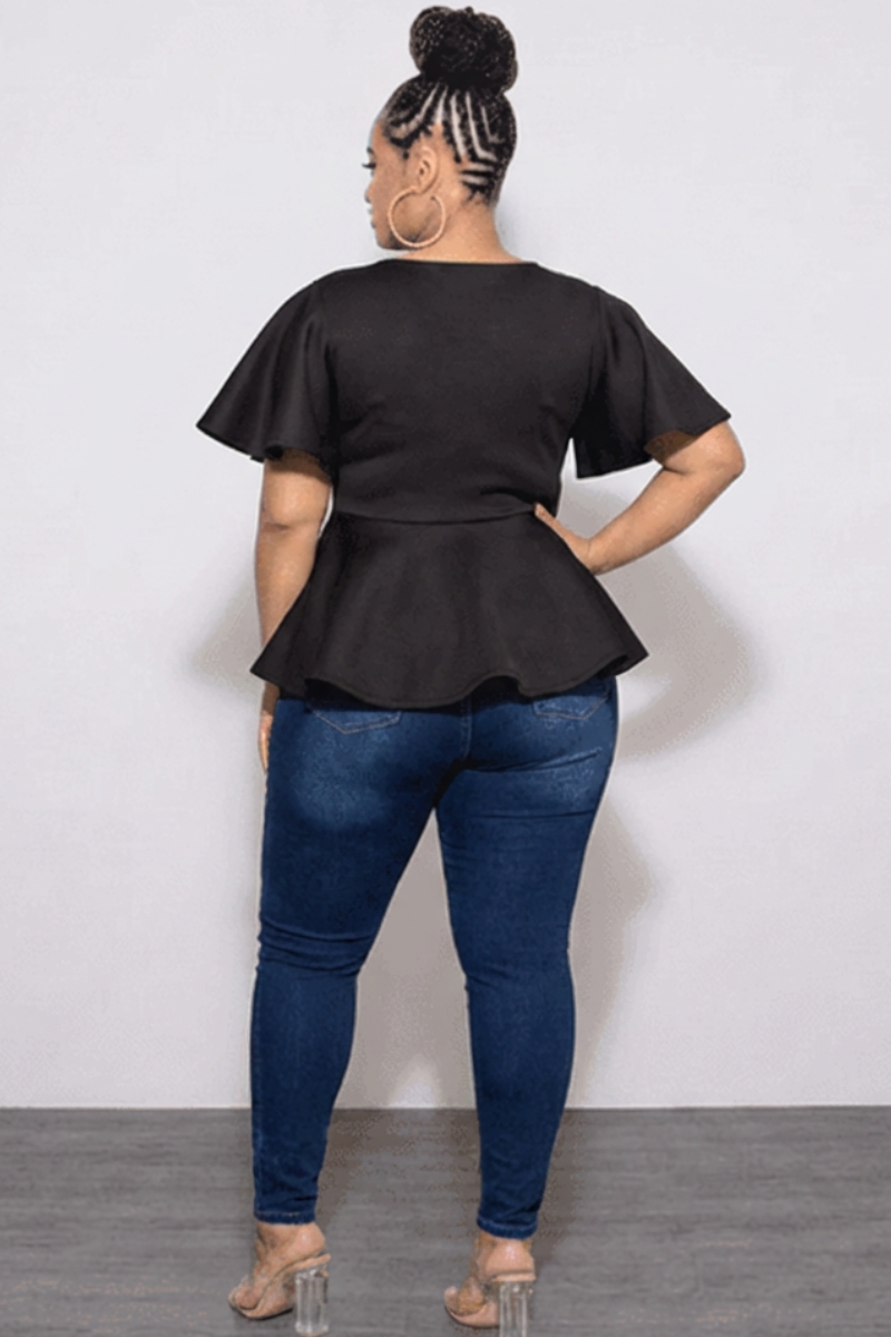Final Sale Plus Size Faux Wrap Peplum Top in Black Scuba