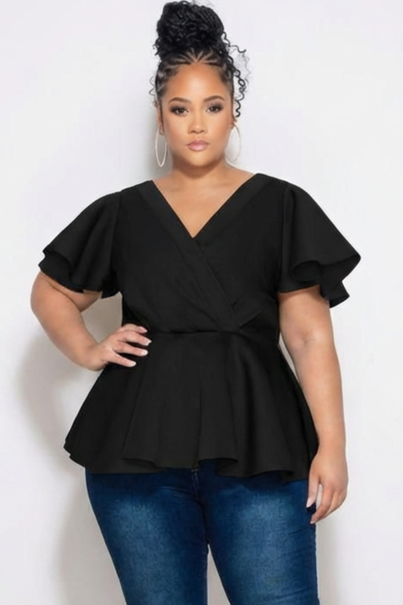 Final Sale Plus Size Faux Wrap Peplum Top in Black Scuba