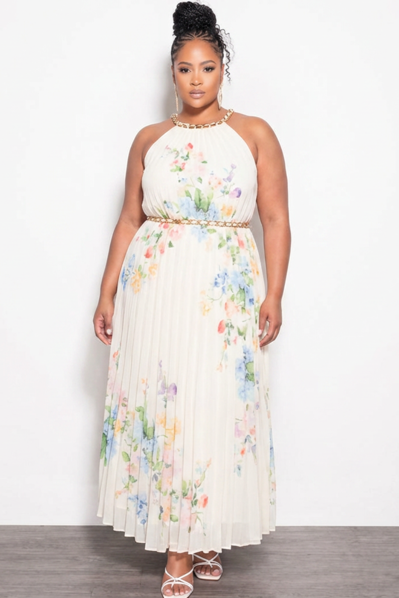 Final Sale Plus Size Sleeveless Chiffon  Chain Halter Neck Maxi Dress in Ivory Floral Print