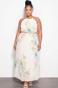 Final Sale Plus Size Sleeveless Chiffon  Chain Halter Neck Maxi Dress in Ivory Floral Print