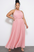 Final Sale Plus Size Sleeveless Chiffon  Chain Halter Neck Maxi Dress in Soft Pink