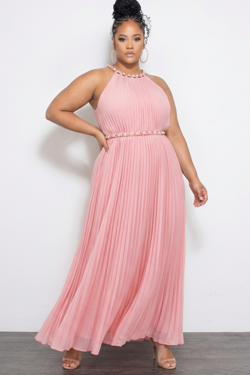 Final Sale Plus Size Sleeveless Chiffon  Chain Halter Neck Maxi Dress in Soft Pink