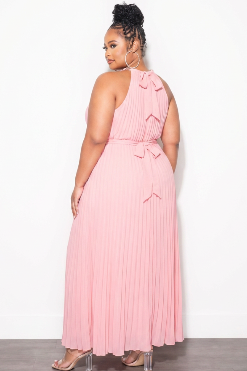 Final Sale Plus Size Sleeveless Chiffon  Chain Halter Neck Maxi Dress in Soft Pink