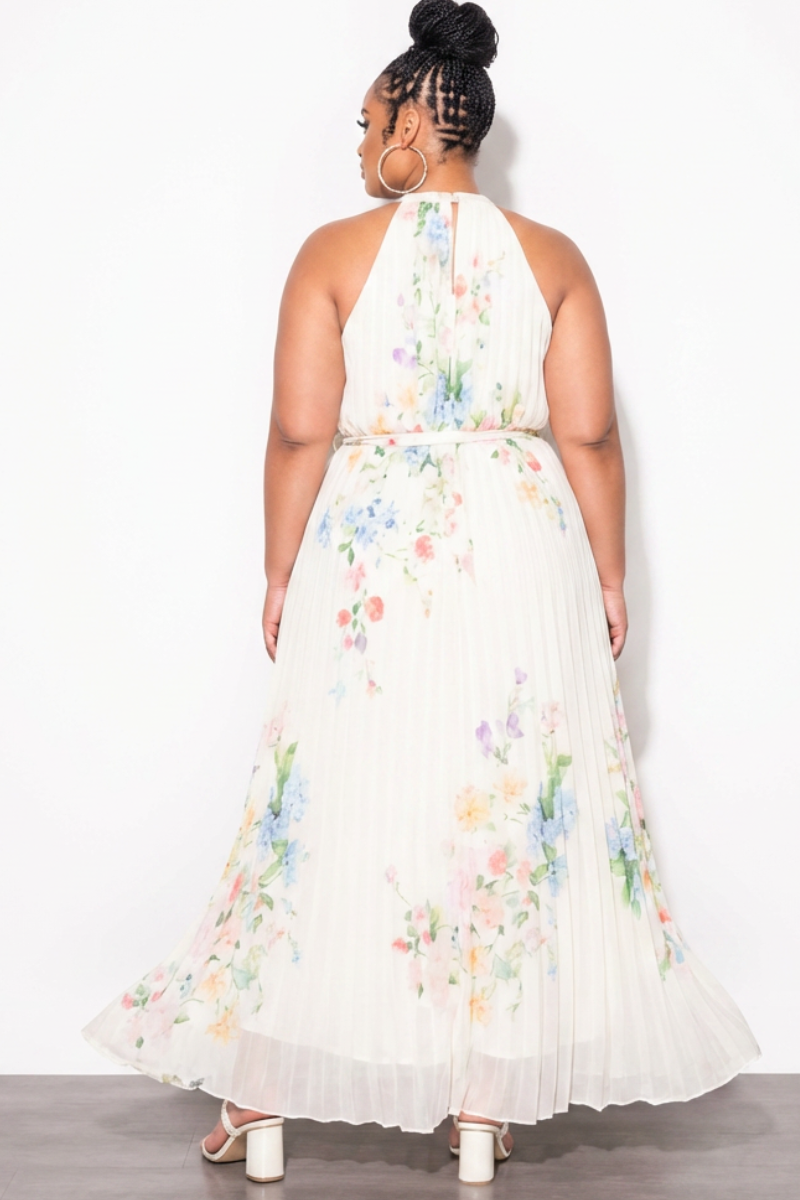 Final Sale Plus Size Sleeveless Chiffon  Chain Halter Neck Maxi Dress in Ivory Floral Print