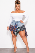 Final Sale Plus Size Splicing Skirt in Light Denim in Multi-Color Plaid Print