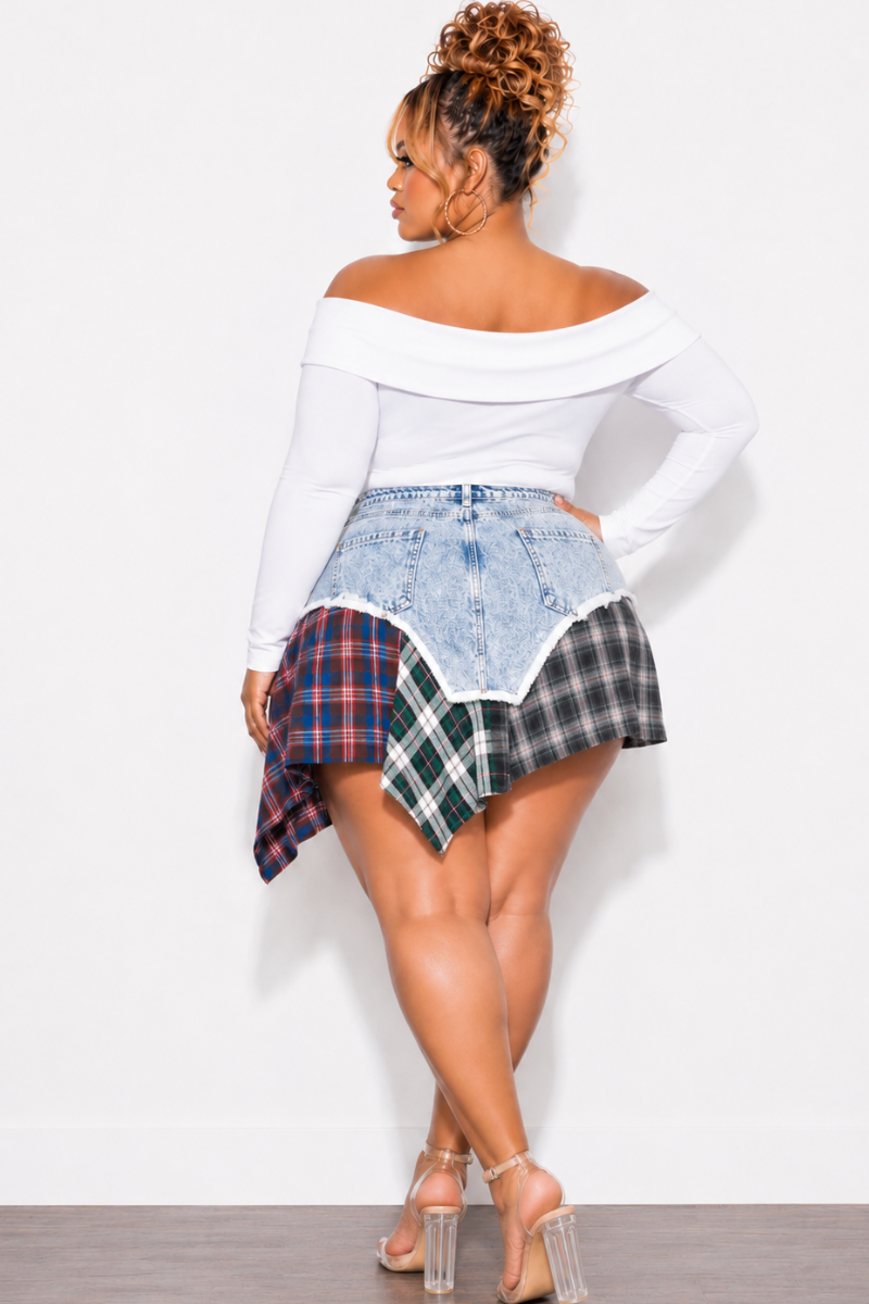 Final Sale Plus Size Splicing Skirt in Light Denim in Multi-Color Plaid Print
