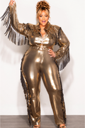 Final Sale Plus Size 2pc Fringe Zip Up Collar Top & Pants Set in Metallic Gold