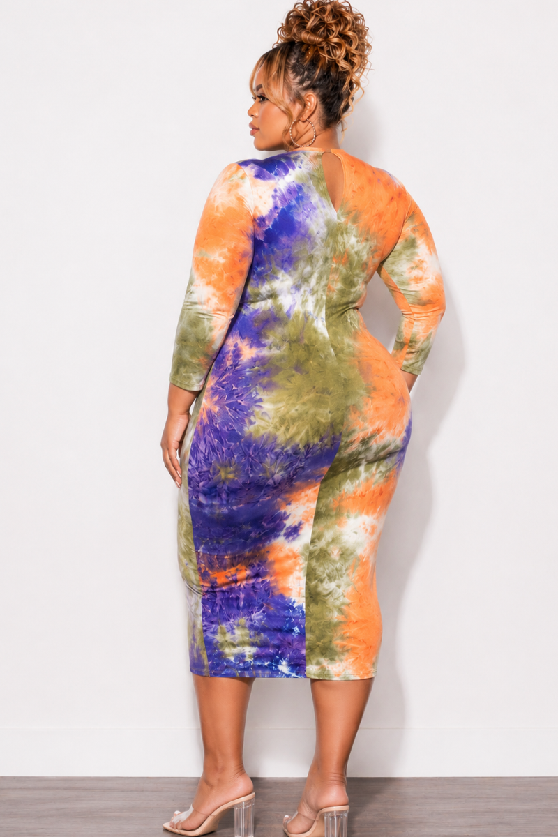 Final Sale Plus Size  Bodycon Dress w/ Mid Sleeves and Tie in Green, Orange, Blue Tie Dye