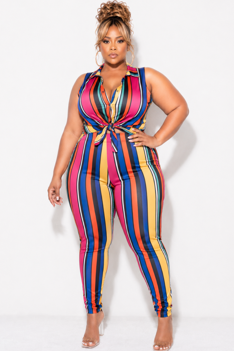 Final Sale Plus Size 2pc Sleeveless Crop Tie Top & High Waist Pant in Multi Color Stripe Print
