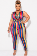 Final Sale Plus Size 2pc Sleeveless Crop Tie Top & High Waist Pant in Multi Color Stripe Print