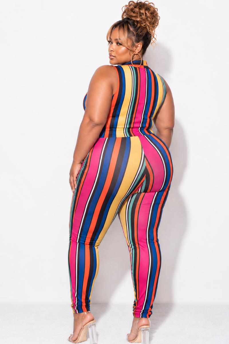 Final Sale Plus Size 2pc Sleeveless Crop Tie Top & High Waist Pant in Multi Color Stripe Print