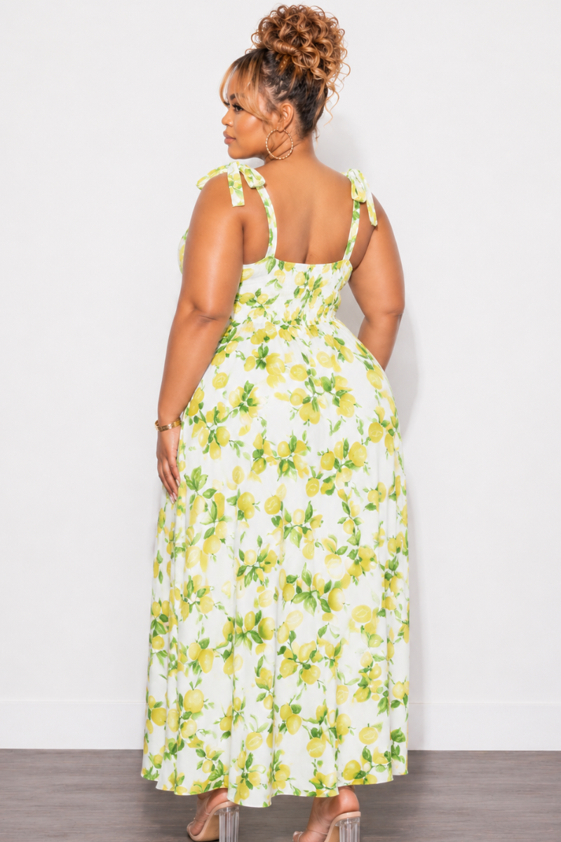 Final Sale Plus Size Thick Tie Strap Thick Poplin Maxi Dress With Smocked Back In Lemon Print