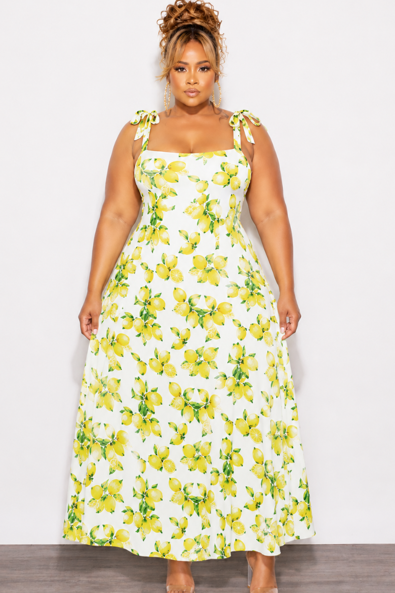 Final Sale Plus Size Thick Tie Strap Thick Poplin Maxi Dress With Smocked Back In Lemon Print