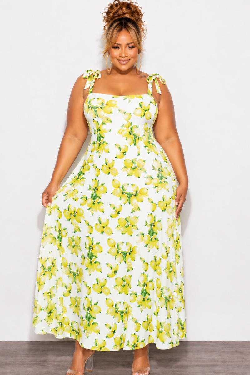 Final Sale Plus Size Thick Tie Strap Thick Poplin Maxi Dress With Smocked Back In Lemon Print