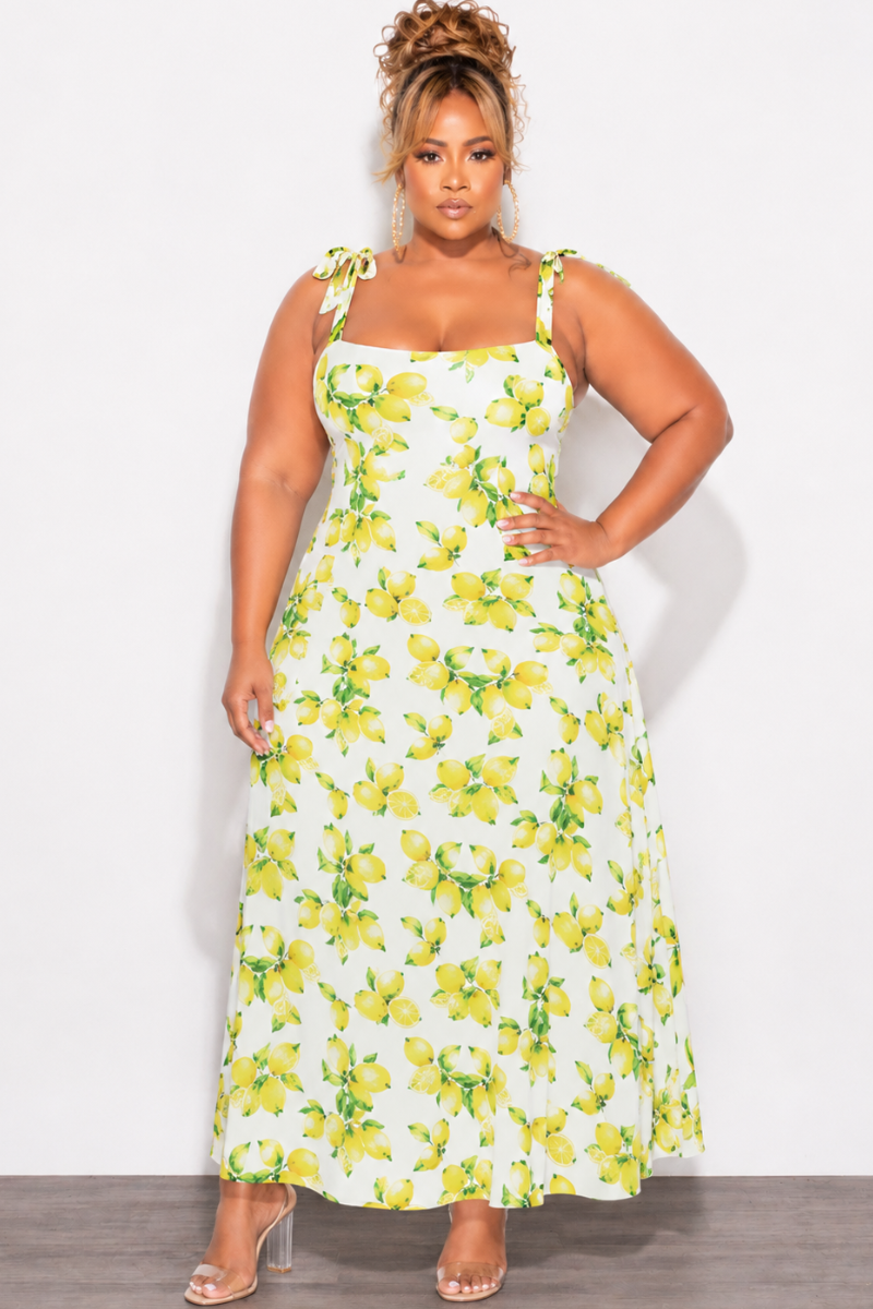 Final Sale Plus Size Thick Tie Strap Thick Poplin Maxi Dress With Smocked Back In Lemon Print