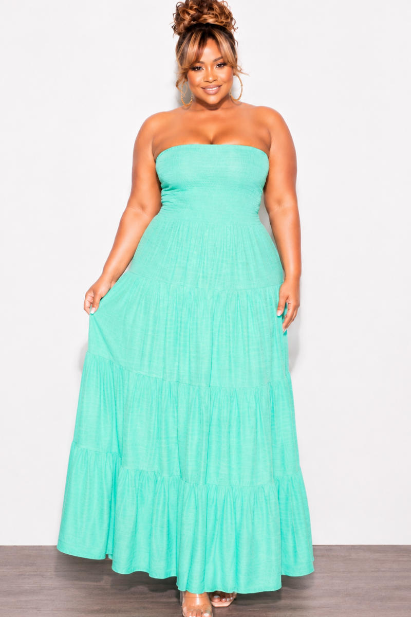 Final Sale Plus Size Smocked Top Strapless Gauze Maxi Dress in Mint