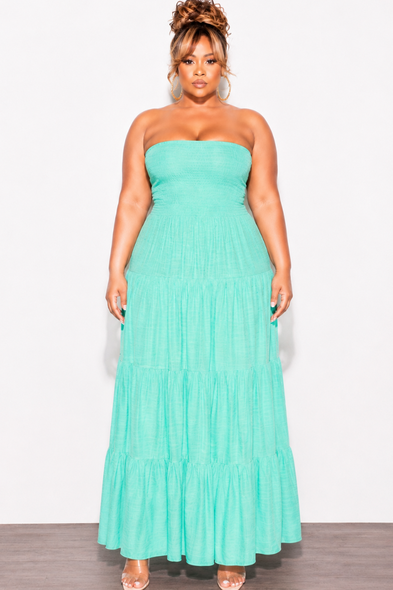 Final Sale Plus Size Smocked Top Strapless Gauze Maxi Dress in Mint