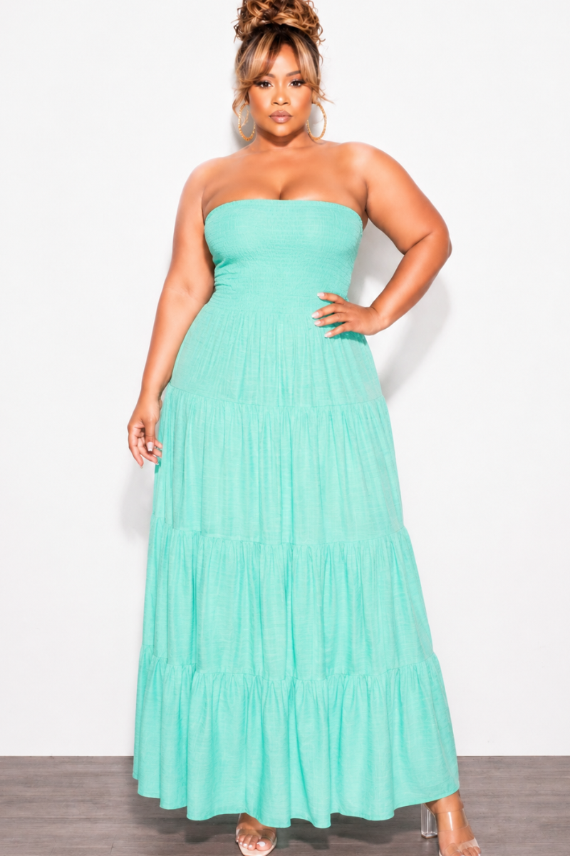 Final Sale Plus Size Smocked Top Strapless Gauze Maxi Dress in Mint
