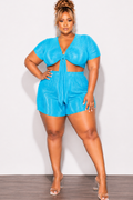Final Sale Plus Size 2pc Pleated Crop Tie Top & Short Set in Turquoise