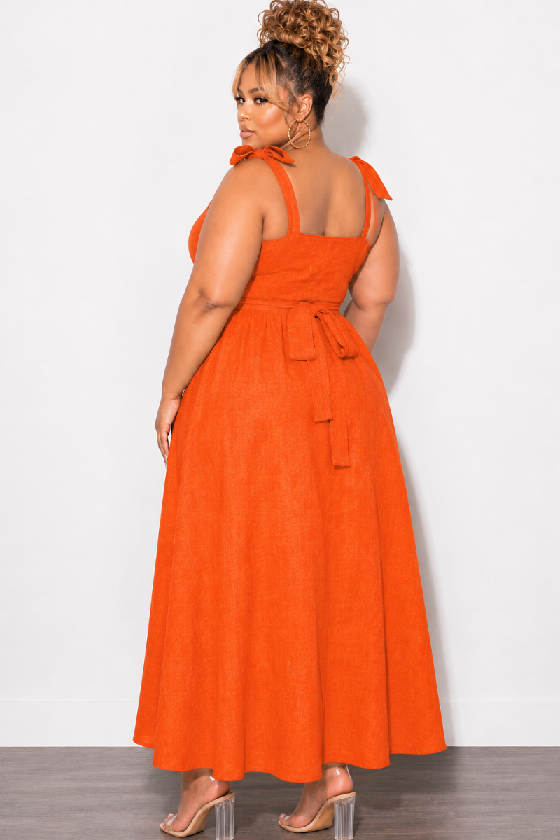 Final Sale Plus Size Self Tie Strap Light Weight  Linen Blend  Dress in Coral Orange