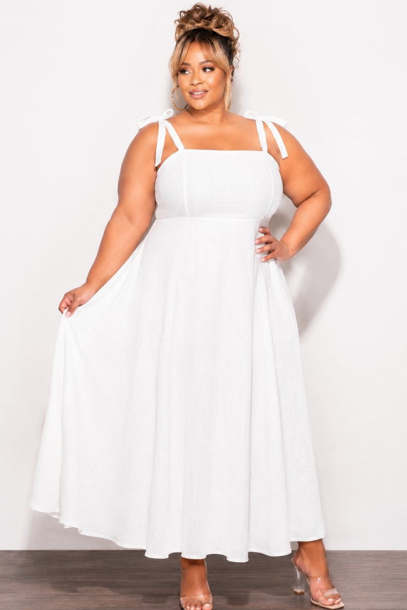 Final Sale Plus Size Self Tie Strap Light Weight  Linen Blend Dress in Off White