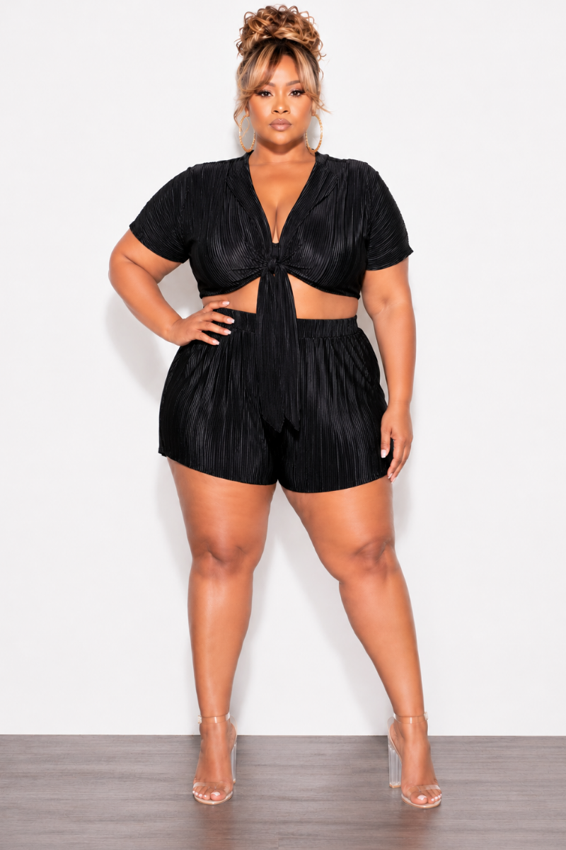 Final Sale Plus Size 2pc Pleated Crop Tie Top & Short Set in Black