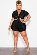 Final Sale Plus Size 2pc Pleated Crop Tie Top & Short Set in Black