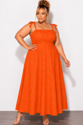 Final Sale Plus Size Self Tie Strap Light Weight  Linen Blend  Dress in Coral Orange
