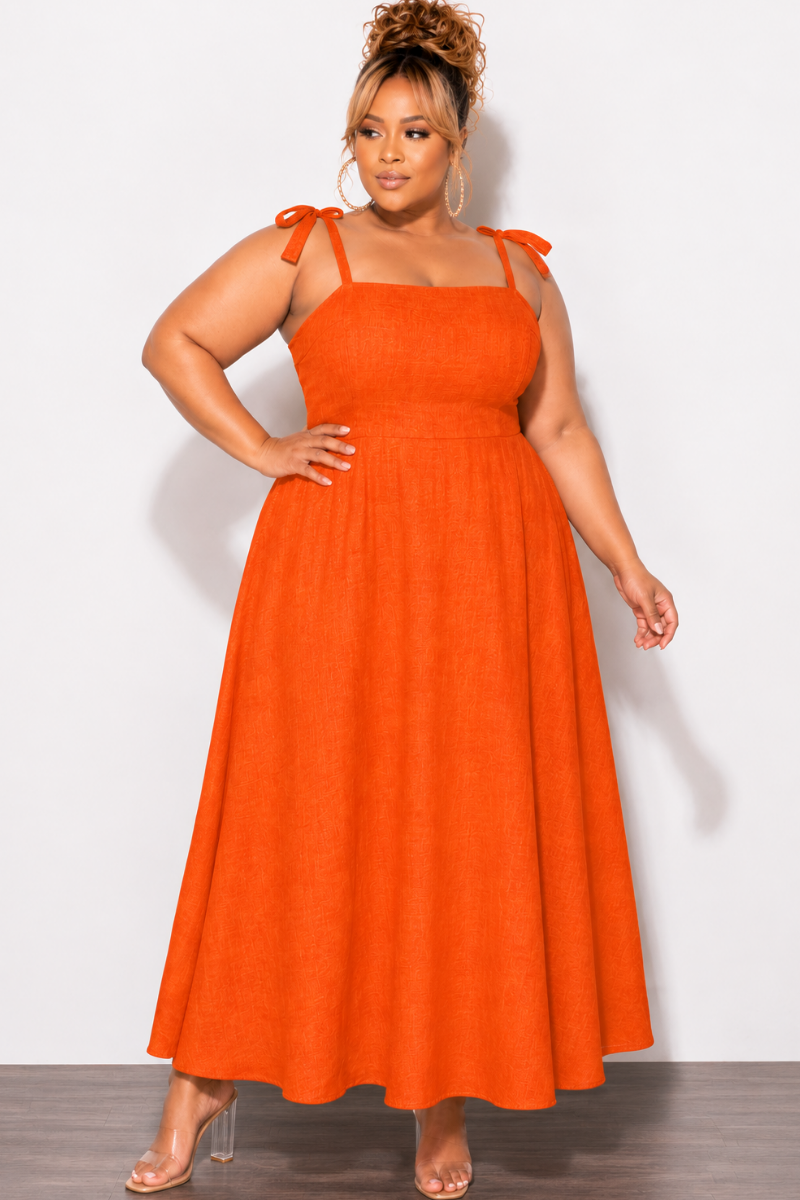 Final Sale Plus Size Self Tie Strap Light Weight  Linen Blend  Dress in Coral Orange