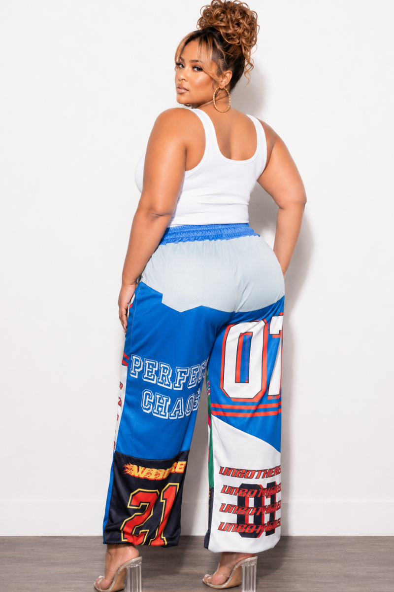 Final Sale Plus Size Oversized Denim Wide Leg Jogger Pants in Royal Blue Multi Color Print