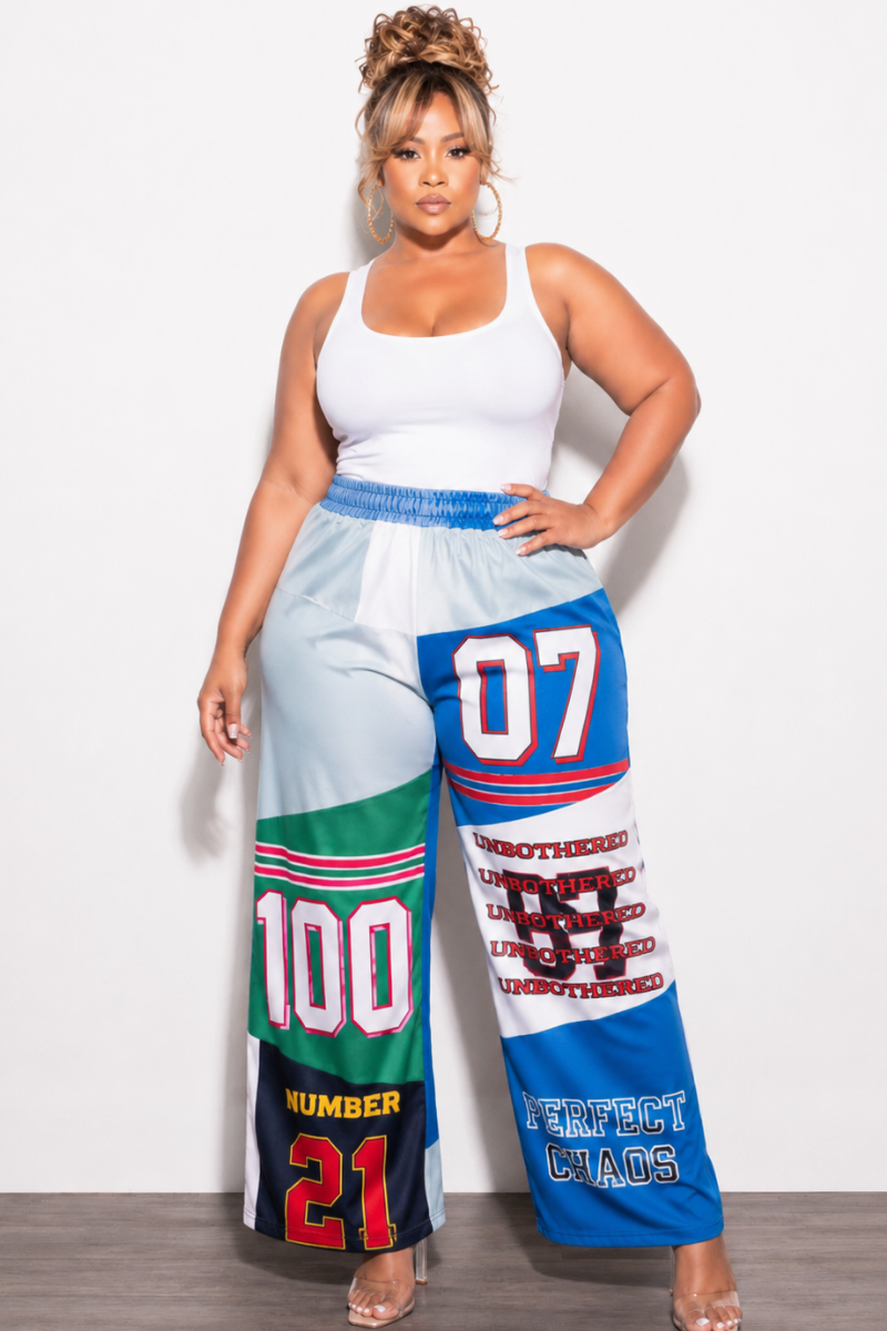 Final Sale Plus Size Oversized Denim Wide Leg Jogger Pants in Royal Blue Multi Color Print