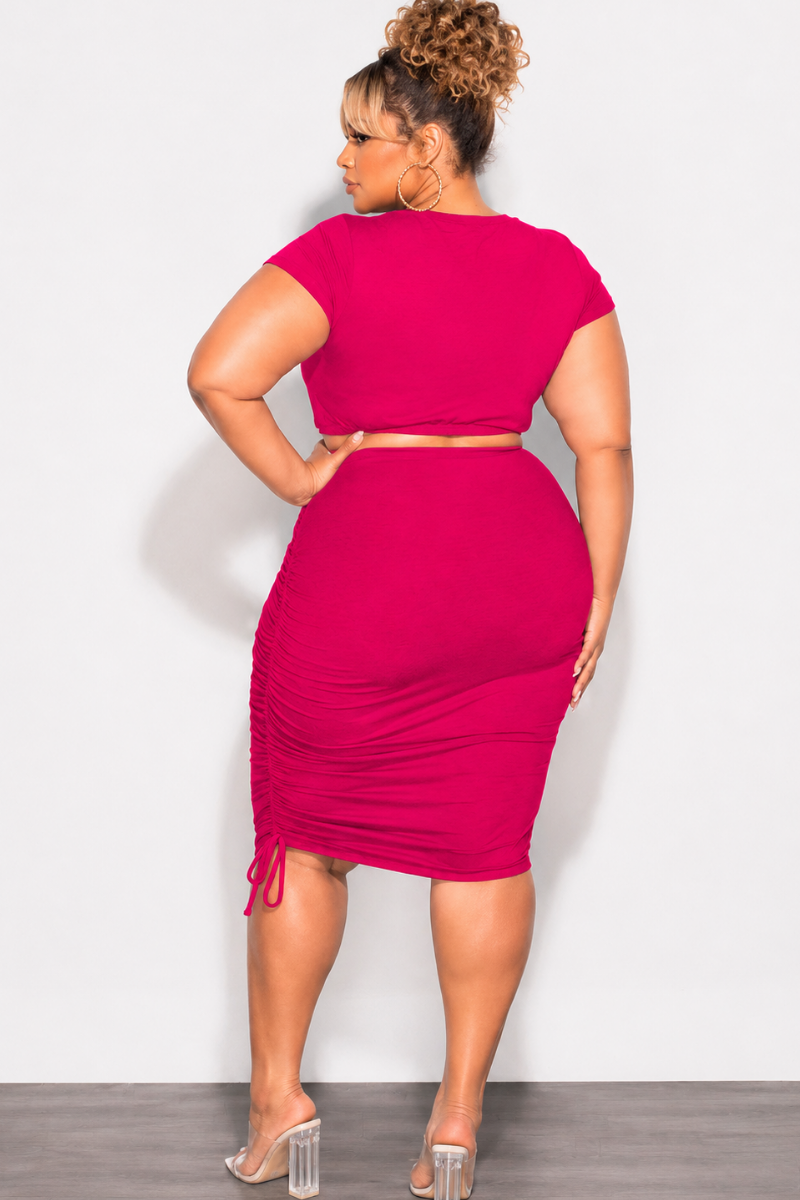 Final Sale Plus Size 2pc Crop Top and Ruched Skirt Set in Fuchsia