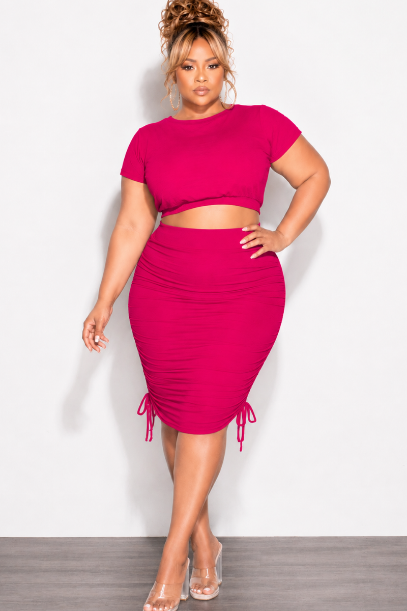 Final Sale Plus Size 2pc Crop Top and Ruched Skirt Set in Fuchsia