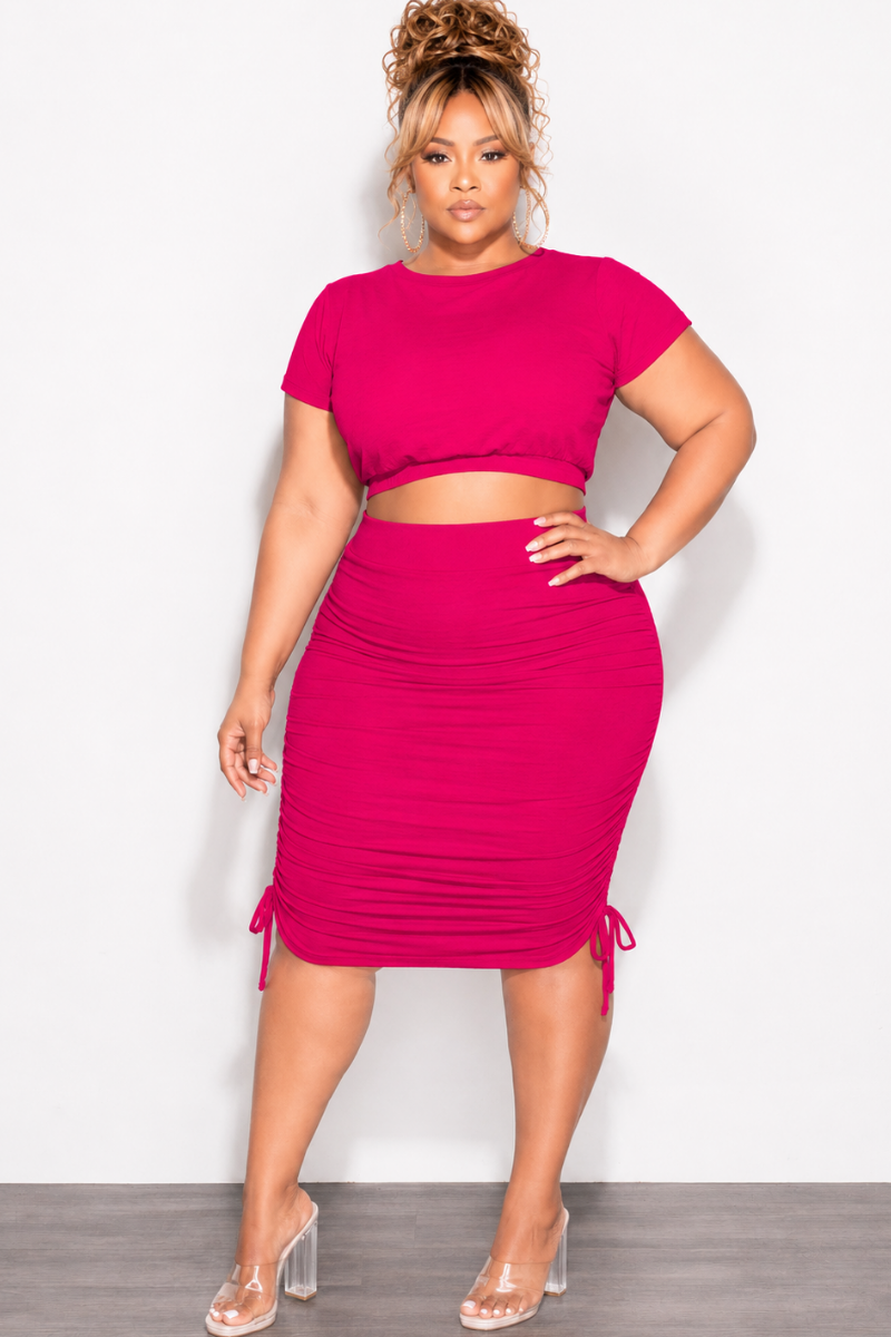 Final Sale Plus Size 2pc Crop Top and Ruched Skirt Set in Fuchsia