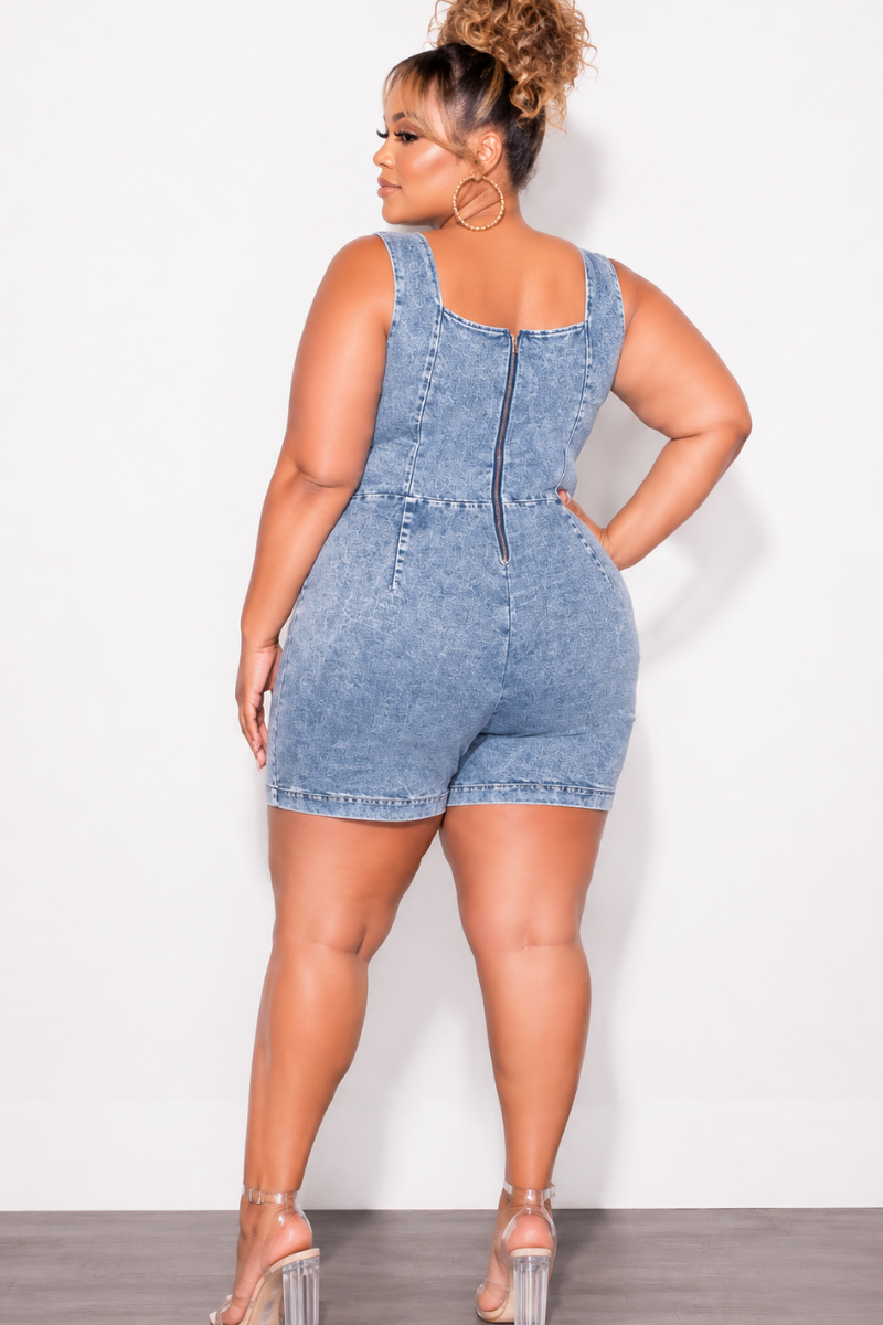 Final Sale Plus Size Sleeveless Skort Romper in Denim Acid Wash
