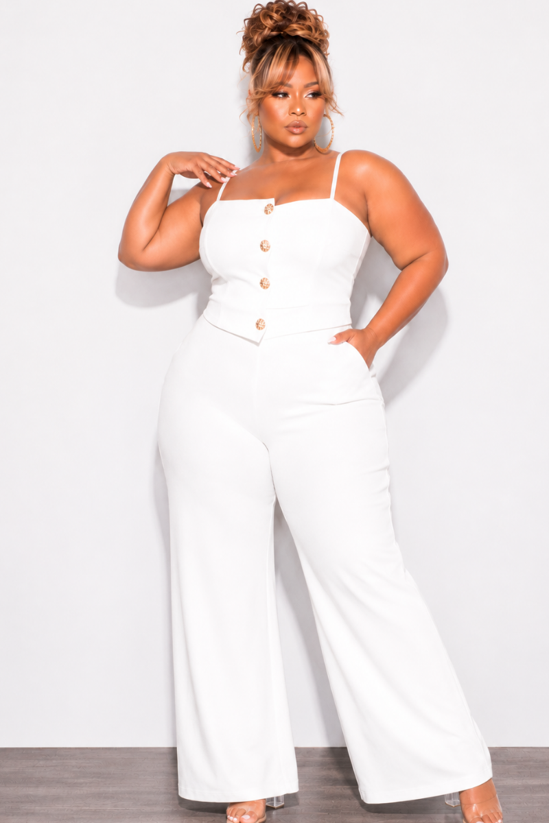 Final Sale Plus Size Spaghetti Strap Jumpsuit with Gold Button Detail in Ivory