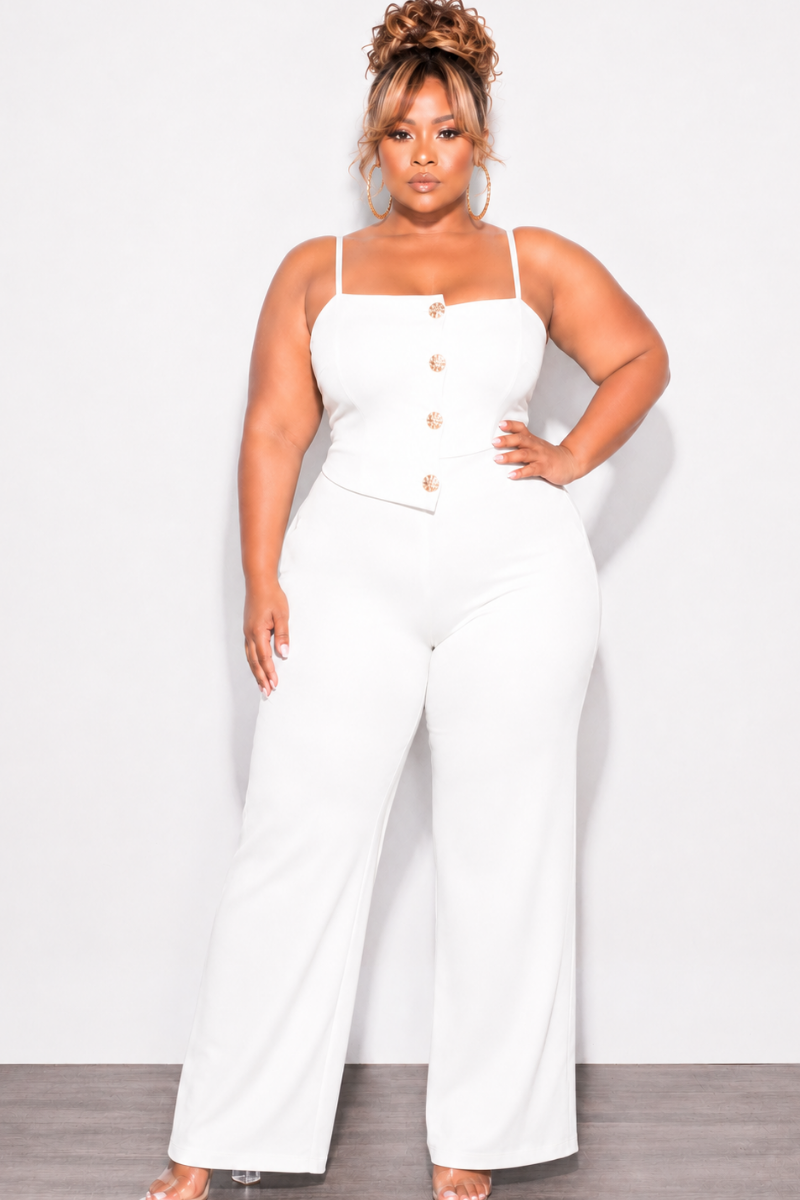 Final Sale Plus Size Spaghetti Strap Jumpsuit with Gold Button Detail in Ivory