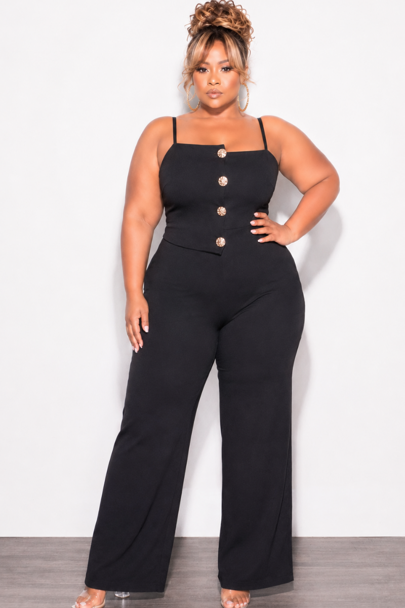 Final Sale Plus Size Spaghetti Strap Jumpsuit with Gold Button Detail in Black