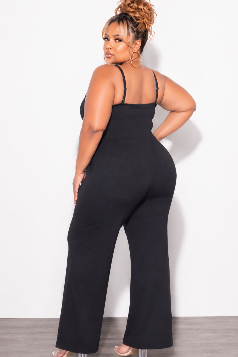 Final Sale Plus Size Spaghetti Strap Jumpsuit with Gold Button Detail in Black