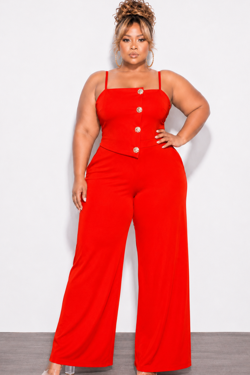 Final Sale Plus Size Spaghetti Strap Jumpsuit with Gold Button Detail in Tomato Red