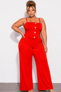 Final Sale Plus Size Spaghetti Strap Jumpsuit with Gold Button Detail in Tomato Red