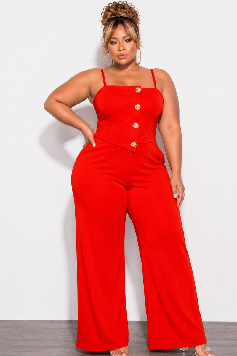 Final Sale Plus Size Spaghetti Strap Jumpsuit with Gold Button Detail in Tomato Red